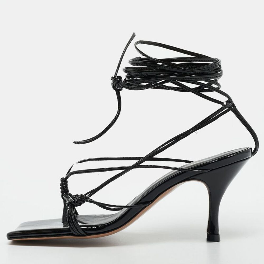 Andrea Wazen Gia Size 37 Black Patent Leather Ankle Strap Sandals